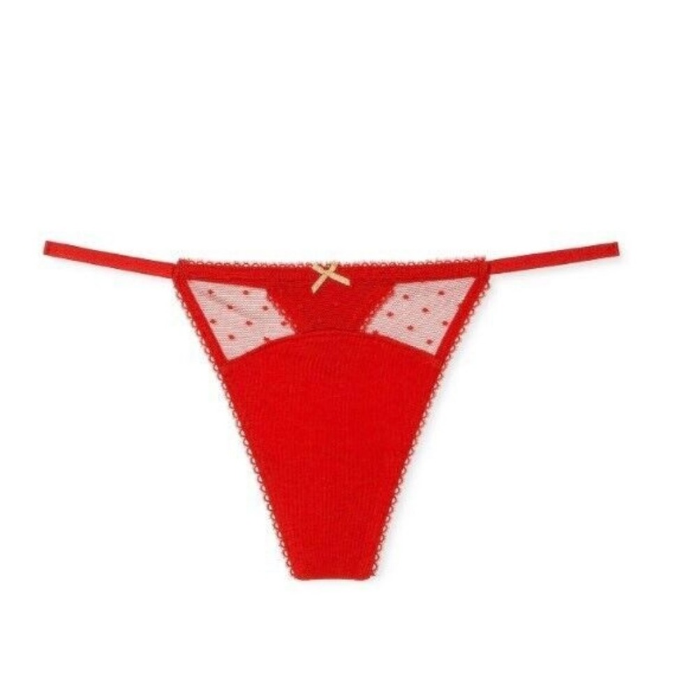 Victoria's Secret Cotton V-String Thong Panty Dot Mesh Red Small